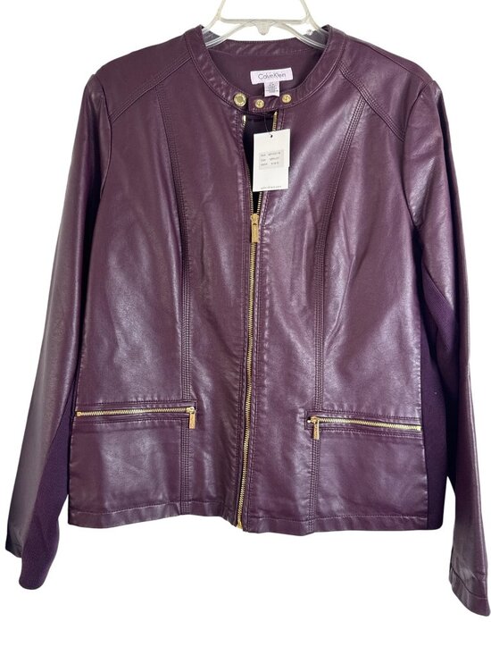 Calvin Klein Jackets & Blazers - Calvin Klein Merlot Faux Leather Jacket Gold Zippers Women's Large NWT